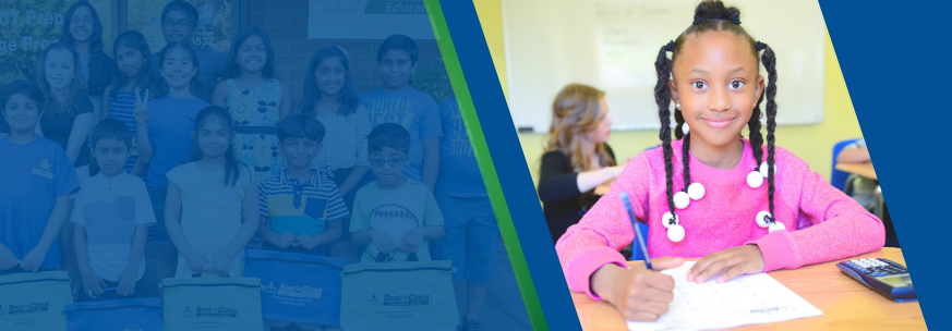 A bright, engaging education banner featuring a smiling young girl with braided hair wearing a pink shirt, set against a clean blue background. She looks directly at the camera with confidence and joy, symbolizing curiosity, learning, and student growth—perfect for promoting enrichment programs or academic success at Best in Class Education Center.